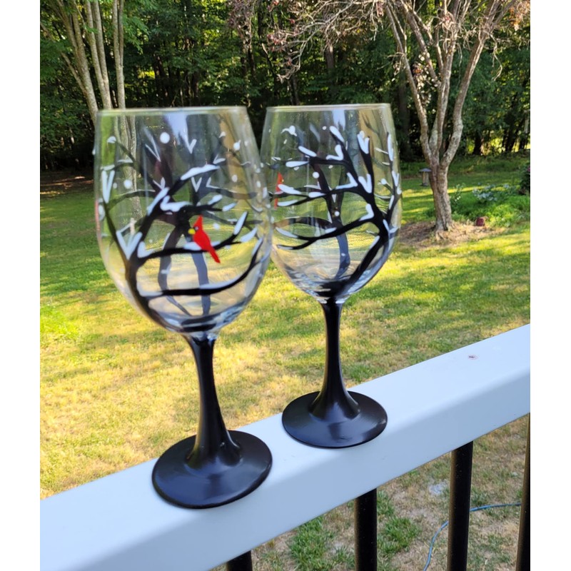 2 Winter Snowy Tree Red Cardinal Wine Glasses Set