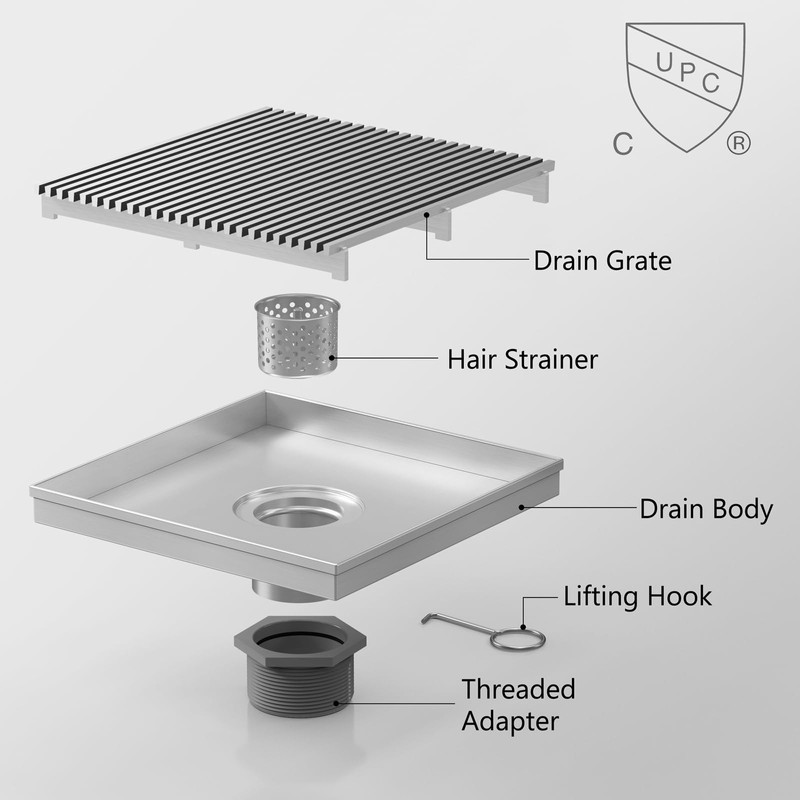 Sharpeye 8 Inch Square Shower Drain with Wedge Wire Grate,