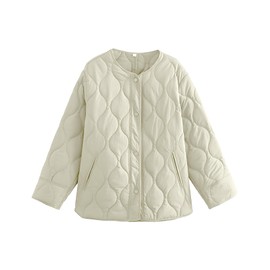 PEHMEA Women's Oversized Lightweight Quilted Jacket Button Down Fall Winter Coats Puffer Padded with Pockets(Beige-M)