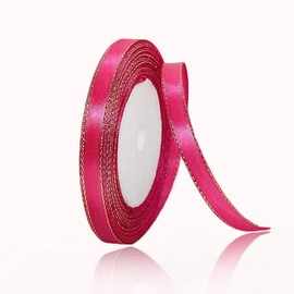 Hot Pink Satin Ribbons 3/8 Inch x 25 Yards, Fabric Ribbon with Gold Edges Border for Gift Wrapping, DIY Crafts, Floral Bouquets, Hair Bows, Sewing Projects, Baby Shower and Wedding Decorations