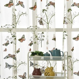 AiFish Embroidered Butterfly Window Semi Sheer Curtains for Kids Room Country Style Dandelion Pattern Room Divider Rod Pocket Tulle Gauze Voile Panel Drapes for Living Room 1 Panel W39 x L84 inch