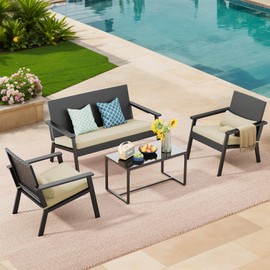 Ahomly Patio Furniture Set 4 Pieces, Outdoor Patio Furniture Set with Deep Seating Cushion,All-Weather Wicker Patio Loveseat Balcony Furniture for Backyard, Porch,Beige