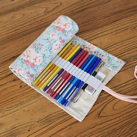 Pencil Wrap Roll Up Case Colored Pen Pencil Holder Travel Pencil Organizer Pouch with 48 Slots for Colored Pencils (Pink Floral Style, One Size)