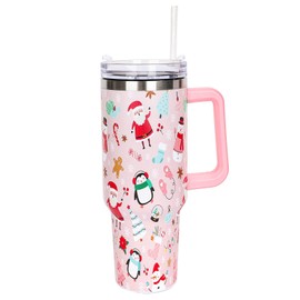Whaline 40oz Christmas Tumbler with Handle Straw and Lid Santa Snowman Penguin Travel Coffee Tumbler Cup for Xmas Winter Holiday Birthday Party Gift