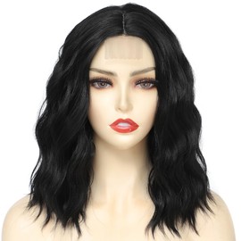 BUYOGET Wavy Bob Wig Medium Short Off Black Synthetic Shoulder Length Realistic Natural Scalp Adjustable Lace Front Wigs for Women