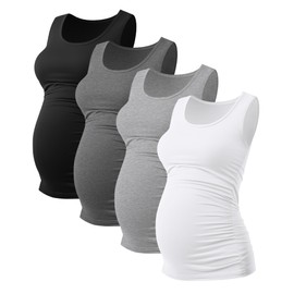 Ficerd 4 Pack Women's Maternity Tank Tops Sleeveless Side Ruched Top Crew Neck Casual Pregnancy T-Shirts Summer Basic(Black, White, Light Gray, Dark Gray,Medium)