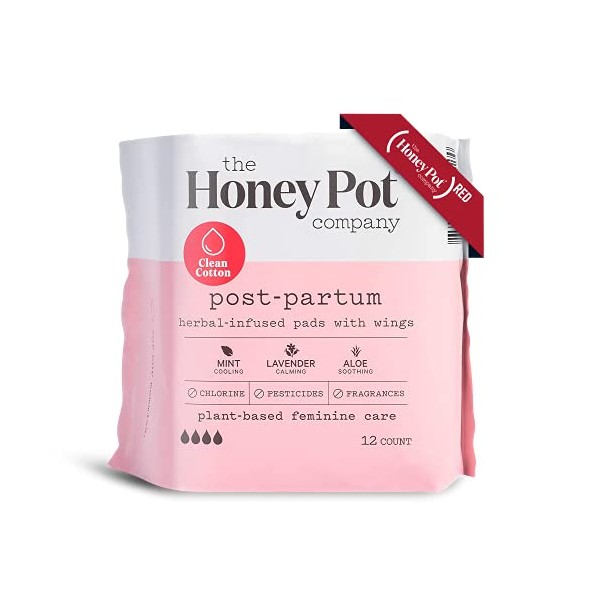 The Honey Pot Company Clean Cotton Postpartum Pads (12 Count), Herbal-Infused, Postpartum and Maternity Pads with Wings, Plant-Derived Feminine & Menstrual Care