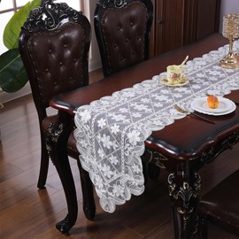 Table Runner, Tablecloth with White Flowers, Hollow Table Runner, Table Decoration, Vintage Table Runner for Wedding, Festival, Home Decoration, Table Decoration, 40 x 120 cm, White with Gold Thread