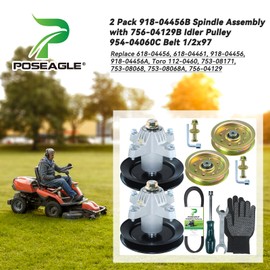 POSEAGLE 2 Pack Pre-Greased 918-04456B Spindle Assembly with 756-04129B Idler Pulley 954-04060C Belt 1/2x97 Replace 618-04456, 918 04456, 618-04461, 618 04456 for Cub Cadet LT1042 Tractors