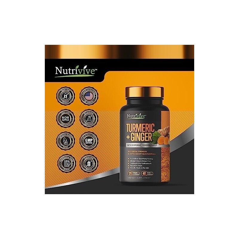 Nutrivive Turmeric w/Ginger BioPerine 1500mg Blk Pepper 120 Caps-X-9/26-2 pack