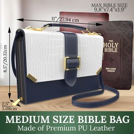 DEHITE Bible Cover Case for Women – Bible Carrying Bag Large Size – Fits Book 9.8 x 7.4 x 1.9 IN – Pen Slots – Zippered Pocket – Shoulder Strap – Premium PU Leather – Black and White Christian Gift