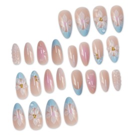 Press on Nails Medium Almond Fake Nails French Tip with 3D Flower Charm Designs Stick on Nails for Women 24 Pcs (Pink-9, M-9)