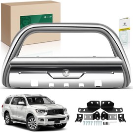YHTAUTO 3.5" Bull Bar Push Bar with Skid Plate Light Mount Fit Toyota Models, Tundra 2007-2021, Sequoia 2008-2022, S/S 304 Brush Guard for Truck Front Bumper Off Road Accessories