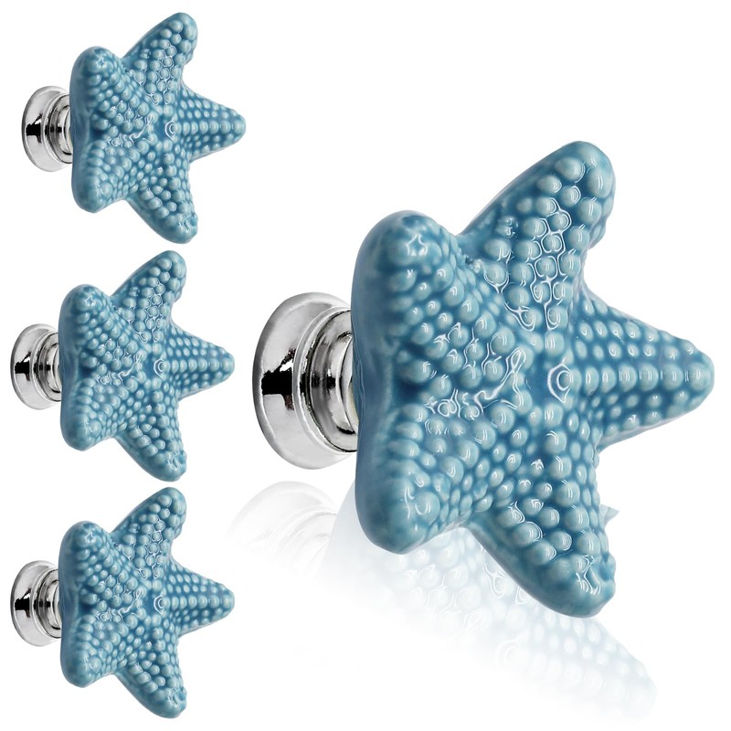 Luomorgo 4 Pack Ceramic Starfish Drawer Knobs - Coastal Blue