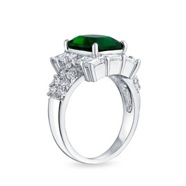 Bling Jewelry 4CTW Classic Cubic Zirconia Simulated Green Emerald Cut Statement Cocktail Ring Pave Band CZ Rhodium Plated Brass