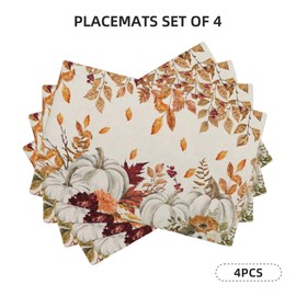 Fall Placemats Set of 4,Pumpkin Maple Leaf Floral Table Mats 12x18 Inch,Autumn Leaves Flower Harvest Thanksgiving Heat-Resisting Non Slip Linen Burlap Place Mats for Kitchen Dining Table Decor