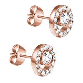 day.berlin Stud Earrings Stone 10 mm 18 Carat Gold-Plated Round Women's Earrings with Zirconia Crystals 316L Stainless Steel 1 cm Diameter 3 mm Thick, Nickel-Free and Waterproof, Stainless Steel,