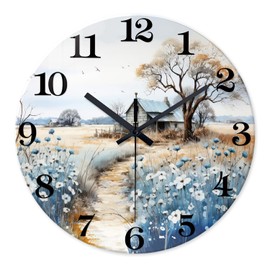 XNM Round Clock Battery Operated 16 Inch Wood Analog Large Wall Clocks for Living Room Blue Flower Wall Clock Silent(No Solid Wood, It is with MDF Material)