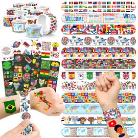 96 PCS World Flag Party Favors – 72 Pre-Cut Temporary Tattoos & 24 Slap Bracelets for Kids, Multicultural Birthday Supplies & Classroom Rewards