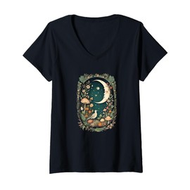 Womens Aesthetic Goblincore and dark Cottagecore Mushroom Moon Bird V-Neck T-Shirt