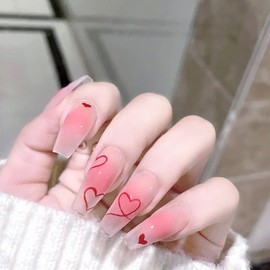 Press on Nails Medium Heart Coffin False Nails with Designs Full Cover Stick on Nails Pink Heart Acrylic Nails Swirl Glue on Nails Glossy Artificial Nails Nail Decorations for Women Girls