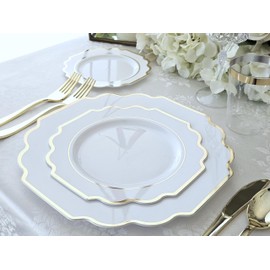 " OCCASIONS " 150 Piece set (25 Guests)-Wedding Plastic Plates & cutlery -Disposable heavyweight Dinnerware 10.5'', 8'' + Silverware w/double fork (Imperial White & Gold)
