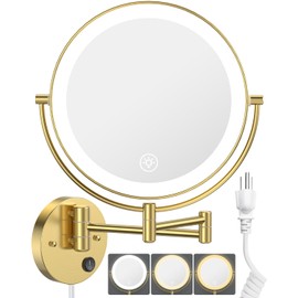 Benbilry 9" Large Size Wall Mounted Lighted Makeup Vanity Mirror, 1X/10X Magnifying Double-Sided AC Powered Bathroom Mirror with 3 Color Lights, Touch Dimmable, Extended Arm 360 Rotation, Gold
