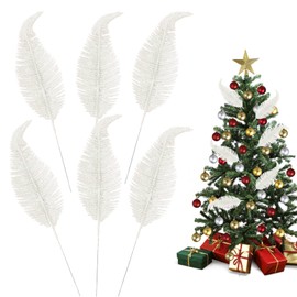 MOTONG 6PCS White Christmas Tree Decorations 10.6 Inch Christmas Glitter Feathers, Artificial Glittery ChristmasTree Feather Ornament Christmas Tree Baubles for Wedding Home Xmas Decorations