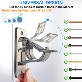 6-Pack No Drill Needed Curtain Rod Holders Brackets, Self Adhesive Rod Holder Hooks, Multipurpose Nail Free Stick on Curtain Rod Hooks-Transparent Black