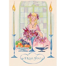 I LOVE YOU Greeting card ~ Elegant Lady Arranging Pink Flowers in a Lovely Flowing Dress~ Birthday Wishes Vintage Large Greeting Card