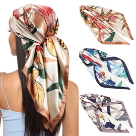 Kajeer Pack of 3 Headscarf Silk Scarf for Women - 90 x 90 cm Large Square Elegant Scarves Scarf for Women Satin Bandana Girls Headscarf Hair Accessories, Retro flowers (dark coffee/light grey/navy)