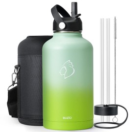 BUZIO 64oz Insulated Water Bottle, Triple Wall Stainless Steel (Cold for 48 Hrs) Leakproof Half gallon Jug/Flask with Straw Lid and Carry Bag for Sports Hiking, Camping, Gradient Green