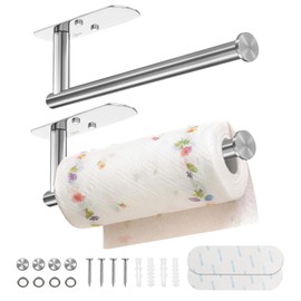 Paper Towel Holder Under Cabinet - Bjiotun Adhesive Paper Towel Holder Wall Mount, Stainless Steel Paper Towel Racks for Bathroom Kitchen Paper Towel Holder Countertop (2 Pack, Silver)