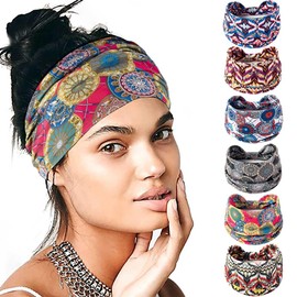 Urieo Printed Wide Headbands Knotted Pattern Boho Hairbands Yoga Sports Criss Cross Sweatbands for Women Pack of 6
