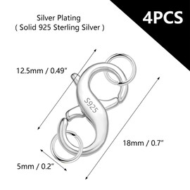 12PCS Sterling Silver 925 Lobster Claw Clasps with Jump Rings, Necklace Clasp Bracelet Clasp Jewelry Clasp Silver Rings Double Large Lobster Claw Clasps for Necklace Bracelet Jewelry Making DIY