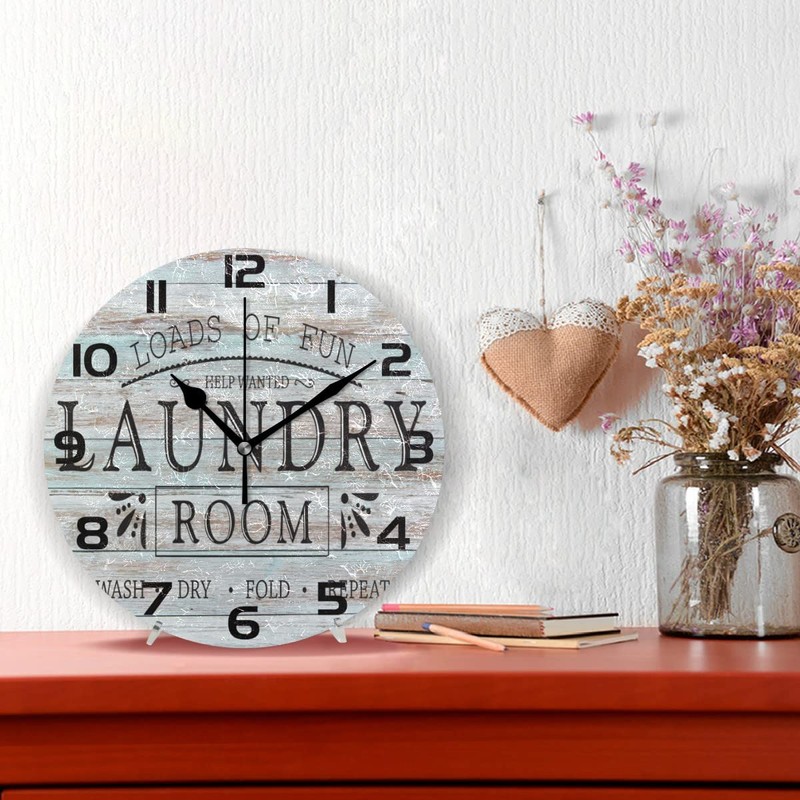 Glaphy Laundry Room Wood Clock Silent Wall Clock Non-Ticking Round