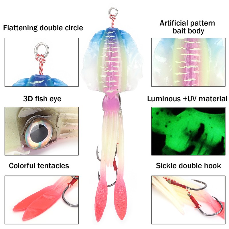 Fishing Squid Lure Octopus UV Luminous Squid Jigs with Hook