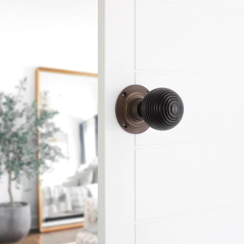 Infinity Decor Ebonised Wooden Beehive Rim Mortice Door Knobs Brass