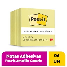 Post-it Notas Adhesivas, Color Amarillo Canario, 7.6cm x 7.6 cm, 6 pads, 100 hojas por pad