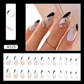 Acrylic french Nails 24 Pcs Press on Nails,Nail Art for Women and Girl Stick on Nails DIY Home Salon Manicure for Women (black &wihte)