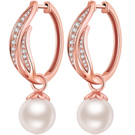 Miaofu Cat Stud Earrings, Pearl Earrings 18K White Gold, Plated 925 Sterling Silver Pearl Earrings, Hypoallergenic Pearl Earrings Hanging with Zirconia 8 - 13 mm Precious Jewellery for Women, Sterling Silver, Pearl