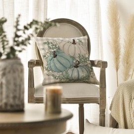 AVOIN colorlife Buffalo Plaid Pumpkin Eucalyptus Leaves Throw Pillow Cover 18x18 Inch, Fall Autumn Thanksgiving Harvest Decoration for Home Sofa Couch