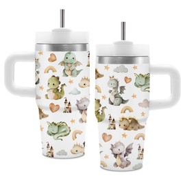 Dragon Baby Tumbler with Handle for Kids 14 Oz, Dragons Fairy Tale Stainless Steel Insulated Cup, Cute Dragon Baby Stuff Birthday Gifts for Toddlers Boys Girls