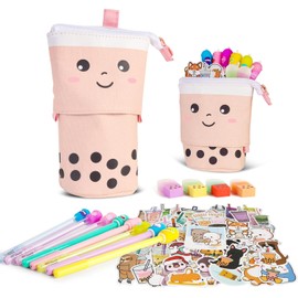 Primo Lines Kawaii Pencil Case and Complete 61 PCS Pink Stationary Set with Pop Up Cute Boba Case, 8 Pens, 50 Bubble Tea Stickers, Multi Color Pen For School Supplies