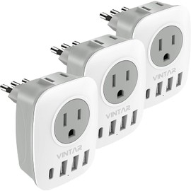 3 Pack Italy Travel Plug Adapter, VINTAR US to Italy Power Adapter with 1 USB C 3 USB A Ports and 2 American Outlets, 6 in 1 Outlet Adapter, Type L Plug Adapter for USA to Italy Uruguay Chile