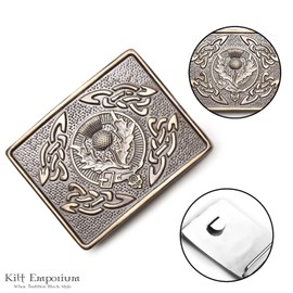 Celtic Knot Kilt Belt Buckle, Traditional Scottish Thistle Design (Brass Antique)