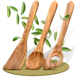 Wooden Cooking Spoons, Set of 3, Made of Olive Wood, Spatula, Risotta Spoon and Wooden Cooking Spoon, Sustainable and Made in Germany, Cooking Utensils Set Made of Natural Wood, Cooking Spoon Olive