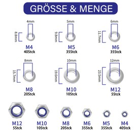 Yiezio 290 Piece Hex Nuts Washers Sets Locking Nuts Lock Nuts 304 Stainless Steel Nylon Clamping Nuts Clamping Nuts Locking Washers Assortment Set M4 M5 M6 M8 M10 M12