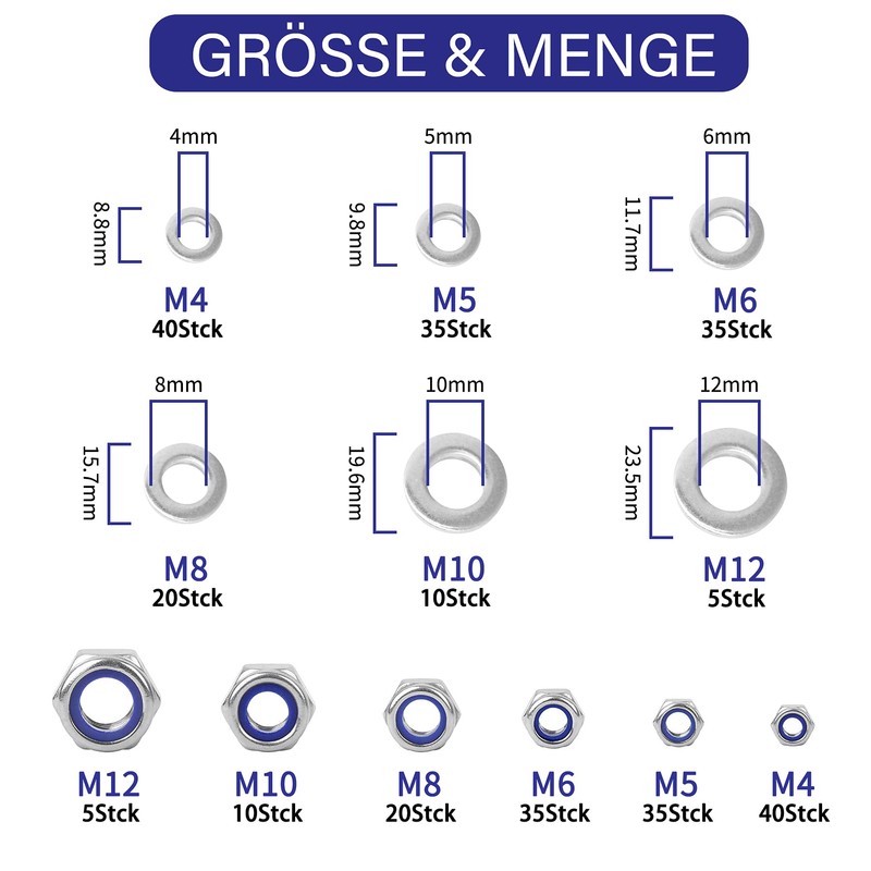 Yiezio 290 Piece Hex Nuts Washers Sets Locking Nuts Lock