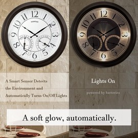 FOUNTAIN DESIGNS 18" Illuminated in/Outdoor Clock with Smart Sensor and Night Light, Waterproof, Large Wall Clock with Thermometer & Hygrometer for Patio,Pool and Garden Decor,Oil Rubbed Bronze